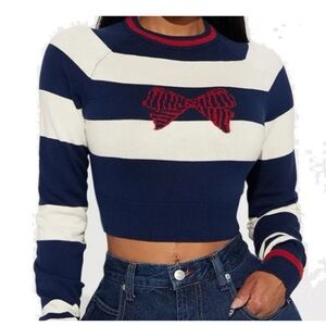 Fashion Nova Navy and Cream Striped Crop Top with Red Bow NWOT
